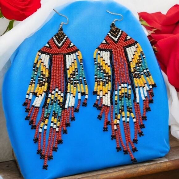 Red Aztec Seed Bead Boho Dangle Earrings Tribal Native Jewelry Western Beaded - Picture 1 of 8